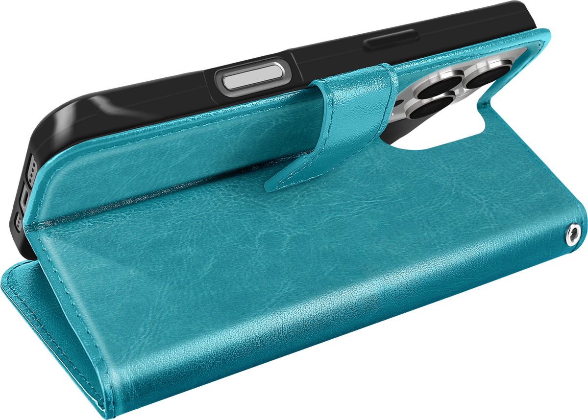 Mayaxess, Portemonneehoesje Geschikt voor Apple iPhone 16 Pro met polsbandje, Turquoise