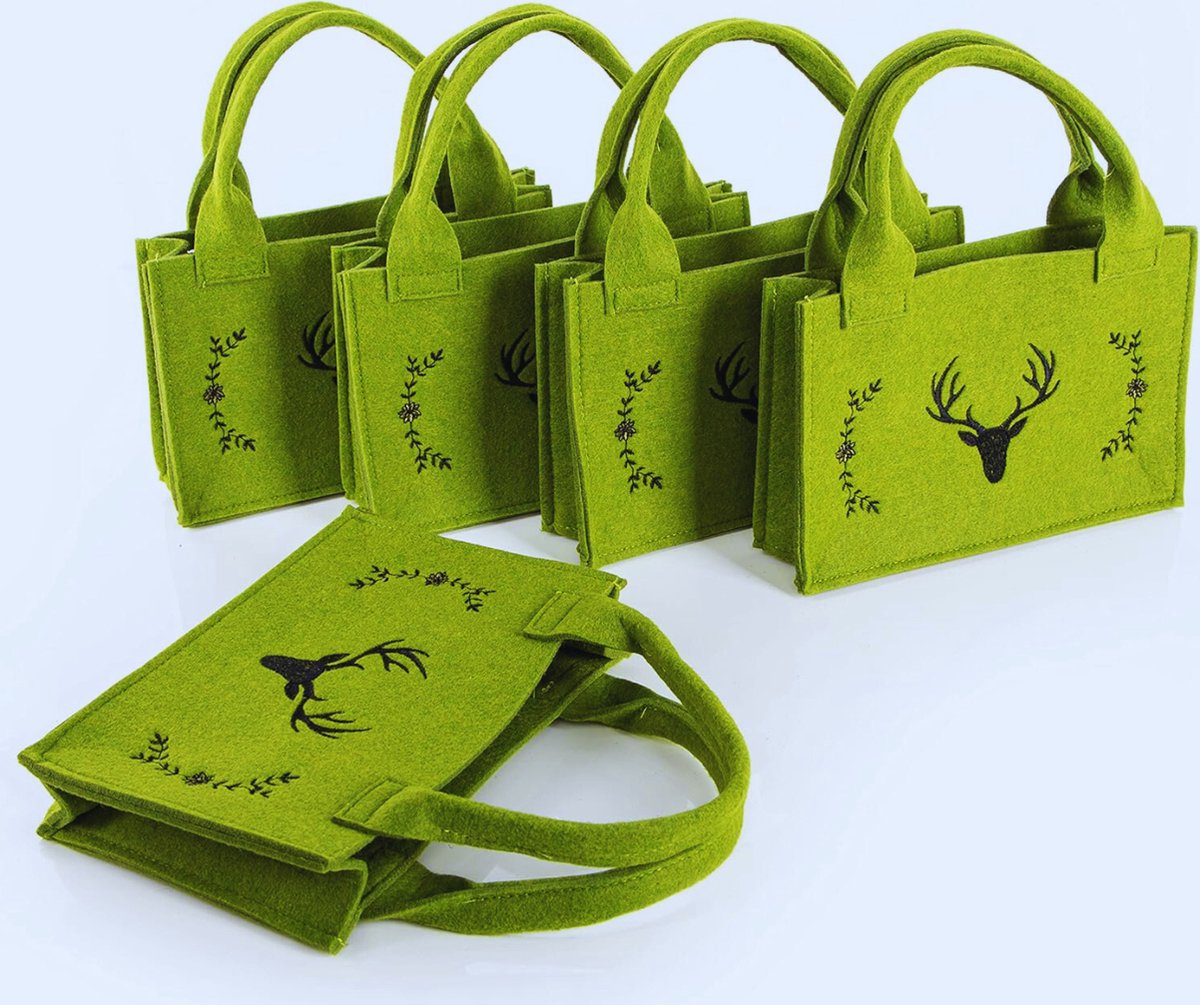 Groene Cadeautas Met Hertenkranen - Set Van 5 - 21 x 14 x 6 Cm Vilt Verpakking Voor Cadeaus
