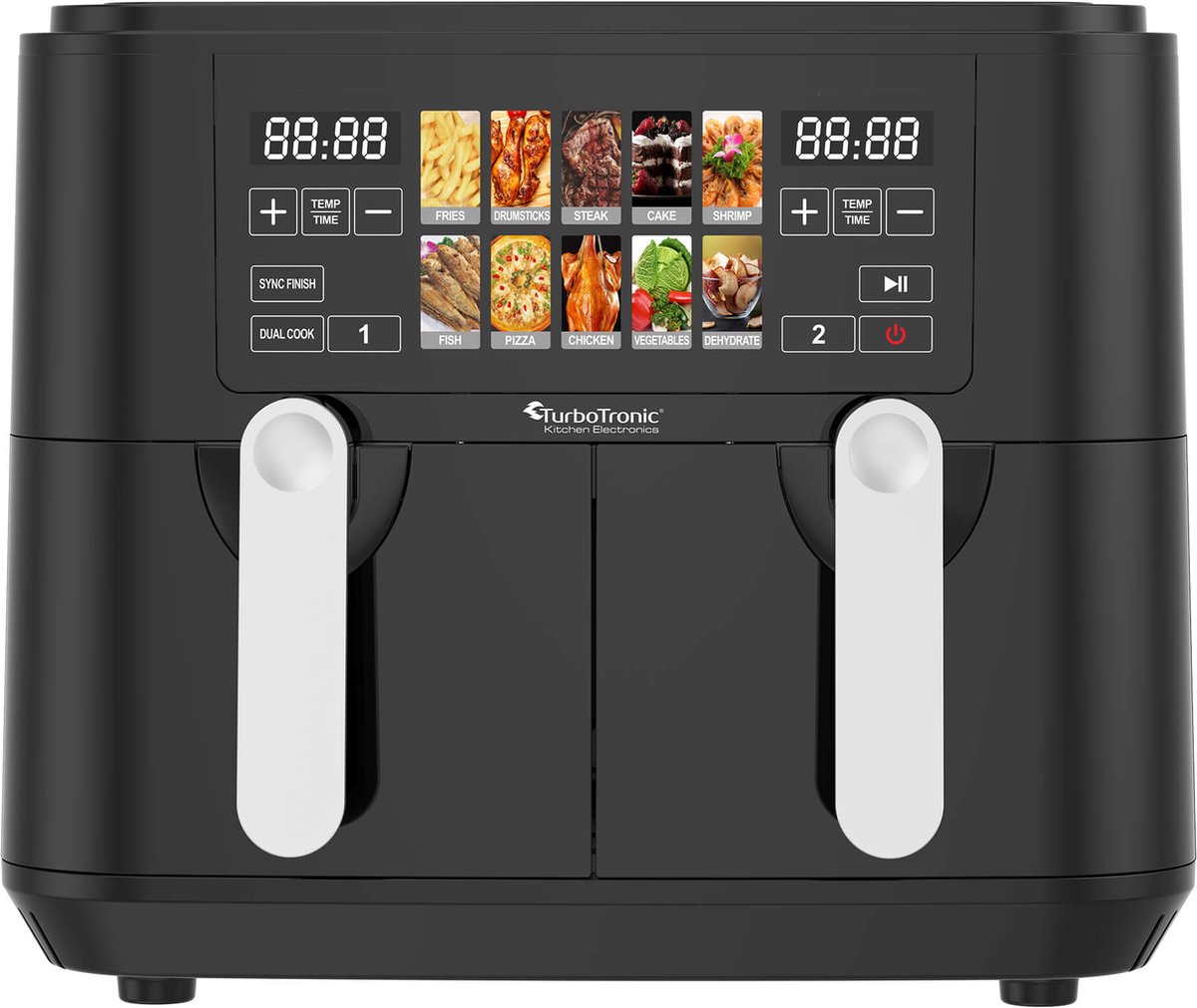Turbotronic Airfryer XXL DualChef - 9L - 1600W - Heteluchtfriteuse - Dubbele Mand - 2 x 4.5L - 50ºC tot 200ºC - 10 Kookprogramma's - Zwart