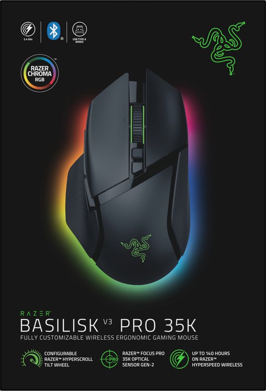 Razer Basilisk V3 Pro 35K - Draadloze Gaming Muis - Ergonomisch - RGB - 4-weg Scrollwiel - Zwart