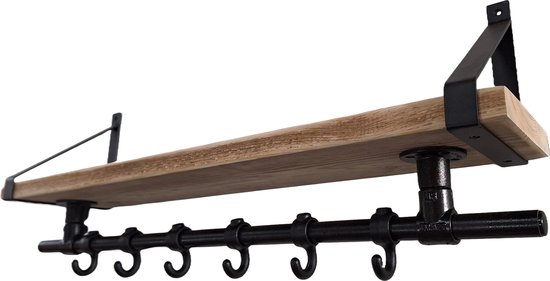 Hoexs - Porte-manteau mural industriel - Steigerhout - Arrêt porte-manteau avec étagère supérieure - Porte-étagères en acier Zwart- 70 Cm - 6 Crochet - Matériel de fixation inclus - Décoration