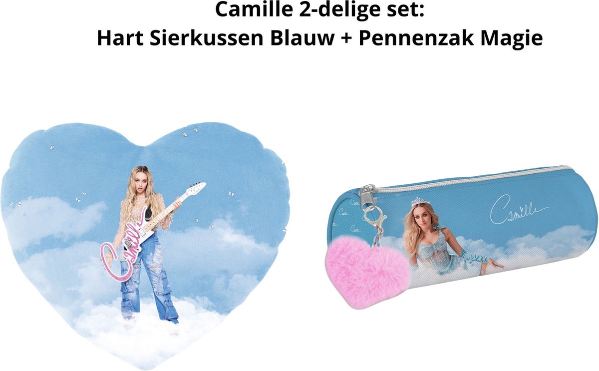 Camille Dhont - Camille 2-delige set: Hartvormig Sierkussen Blauw Magie + Pennenzak Magie