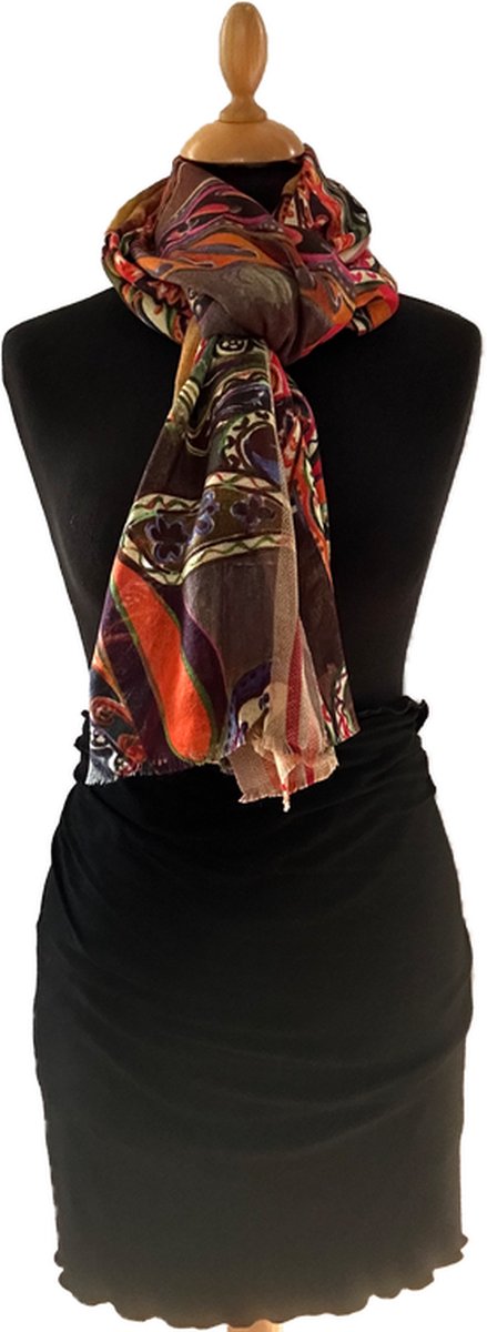 HIGHFIELD SHAWL DESSIN “FANCY PAISLEY” 92% WOL 8% KATOEN, GEWEVEN RAND, 70CM X 180CM. KLEUR MULTICOLOR