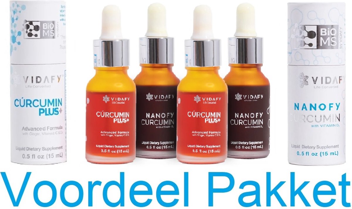 Goedkoopste 4 in 1 Voordeelpakket 2x Vidafy Nanofy Curcumin 15ml 2x Vidafy Curcumin Plus 15ml