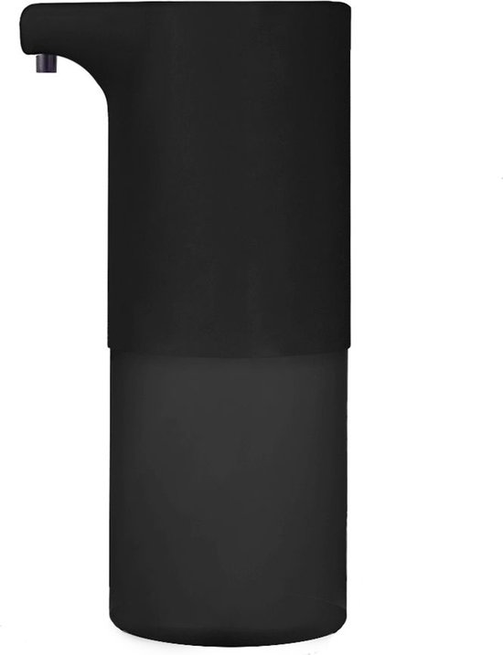 Zwarte automatische zeepdispenser met een sensor en mat zwarte afwerking. De dispenser heeft een reservoir met maataanduiding.