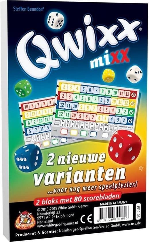 Qwixx Mixx spel met gekleurde dobbelstenen, scorekaarten en het opschrift "2 nieuwe varianten ...voor nog meer speelplezier!".