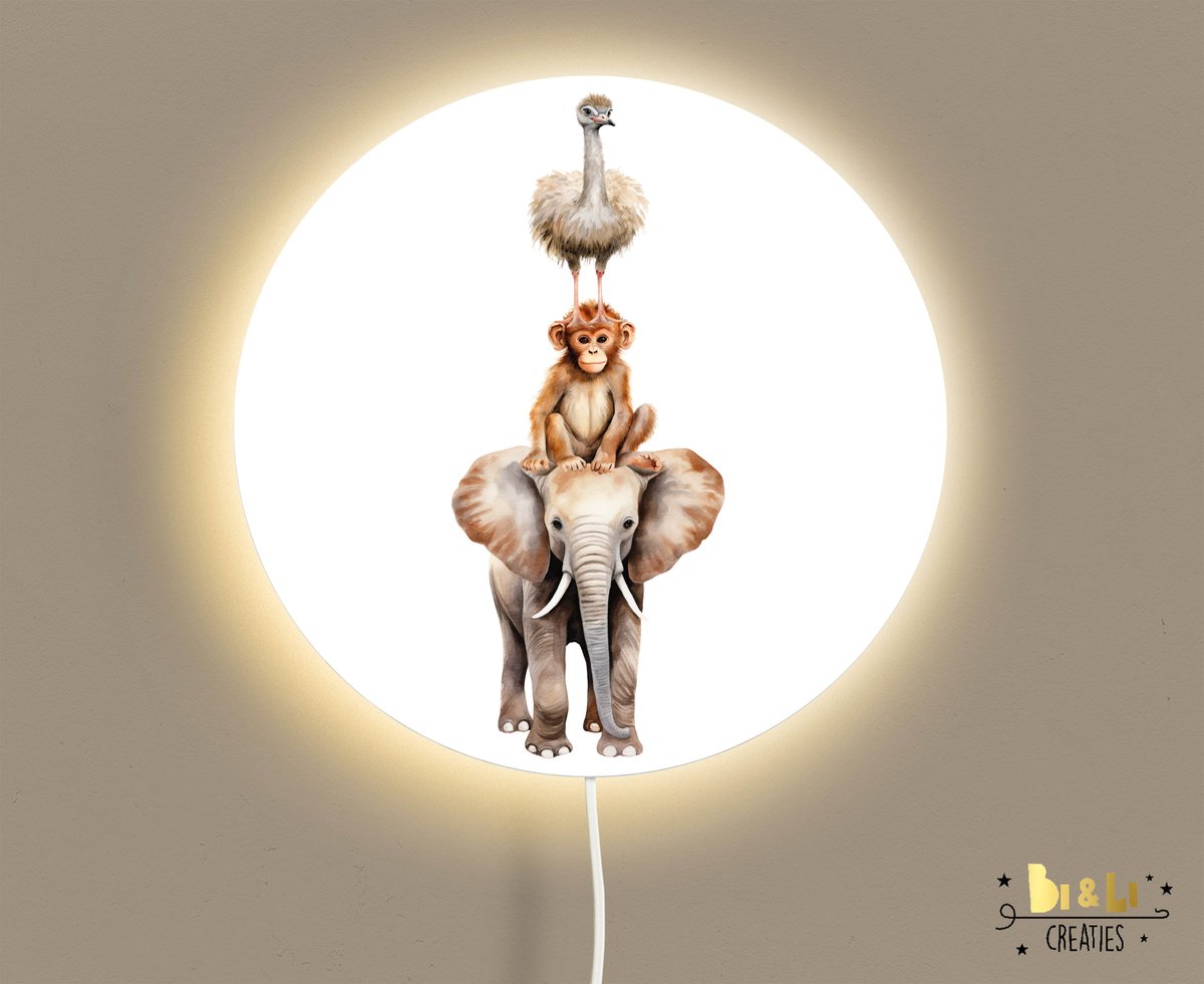 Wandlamp rond safari stapel-safari-lamp-jungle-olifant-aapje-sfeerverlichting-kinderkamerdecoratie-woonaccessoires