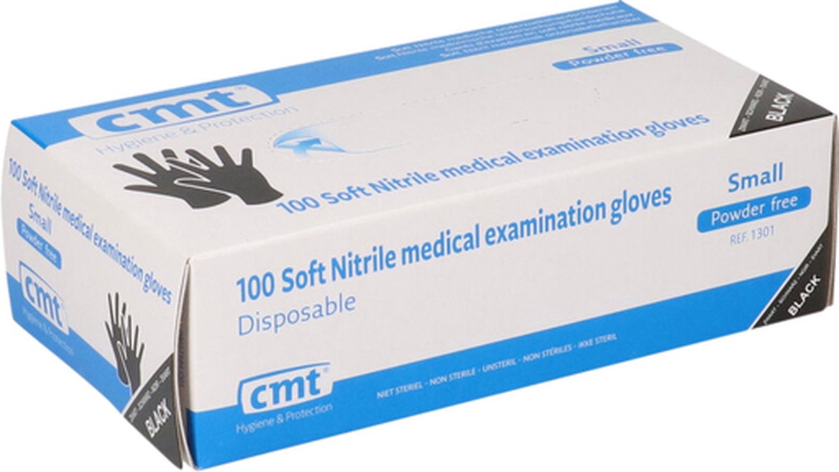 Goedkoopste Soft Nitril handschoenen poedervrij Small zwart 10x100/ds - 651301 S