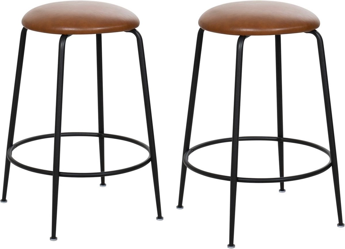 HTfurniture Bruine Barkrukjes set van 2 - PU Gewatteerde barkruk - ijzere poeten zwart - Modern
