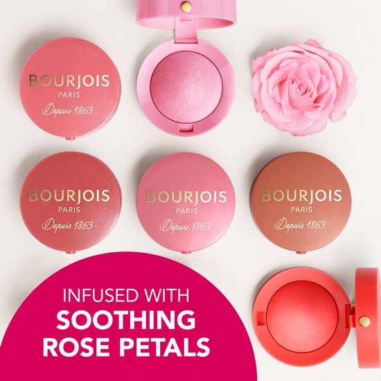 Bourjois Little Round Pot blushes in roze, perzik en koraal, met een roze roos en tekst.