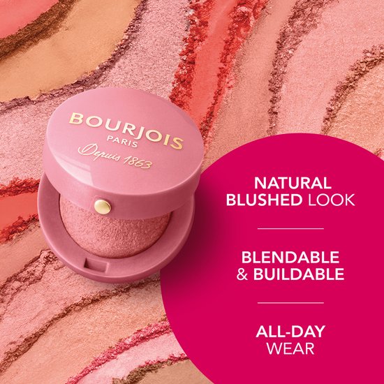 Bourjois Little Round Pot blush in een perzikkleurige tint, met op de achtergrond strepen van poeder.