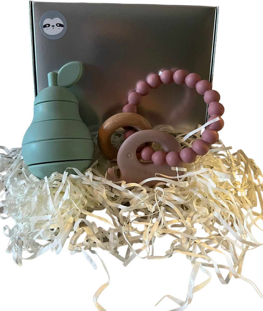 Goedkoopste Baby Geschenkset - 2-delige set - Kraamcadeau - babyshower- gender reveal - Unisex baby cadeau - kraamvisite- jongen - meisje - giftset - bijtring - doorkomende tandjes- speelpeer - educatief speelgoed