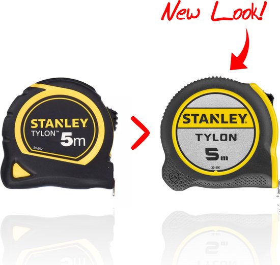 Vergelijking van oude en nieuwe Stanley Tylon 5m rolbandmaten.
