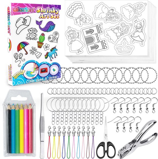 Allerion Krimpfolie set – 205-delig – Knutselen Krimpie Dimpie – Sieraden en sleutelhangers maken - Inclusief attributen en handleiding