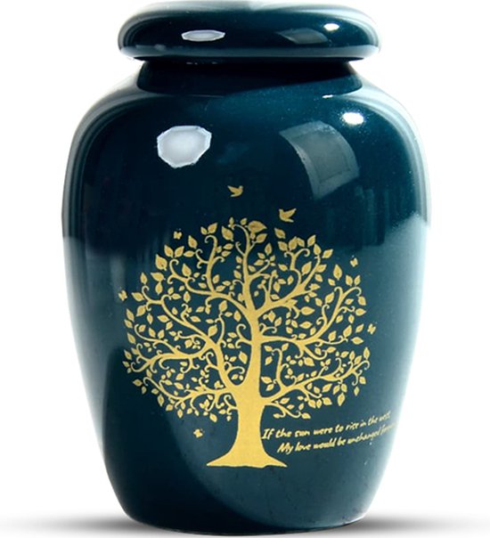 Diepgroene urn met een gouden boom met vogels. Tekst op de urn.