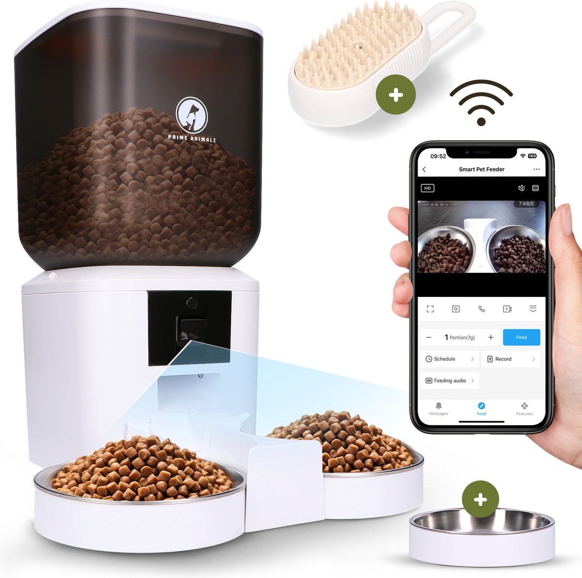 Afbeelding 2 van Prime AnimalZ Automatische Voerbak dubbel met stoomborstel voor kat en hond - Voerautomaat Dispenser - voerbak kat dubbel- met Camera - Full HD 1080P Camera met night vision - Two-way Audio - 7L- Wit