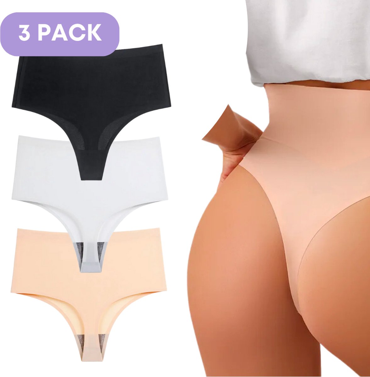 Naadloze High waist string voor Dames - Licht corrigerende string - Maat XL - Set van 3: Zwart, Wit, Huidskleur - Ultrazacht - Naadloos ondergoed dames - Seamless ondergoed dames - Invisible string