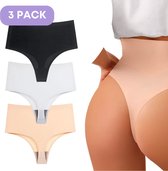 Naadloze High waist string voor Dames - Licht corrigerende string - Maat XL - Set van 3: Zwart, Wit, Huidskleur - Ultrazacht - Naadloos ondergoed dames - Seamless ondergoed dames - Invisible string