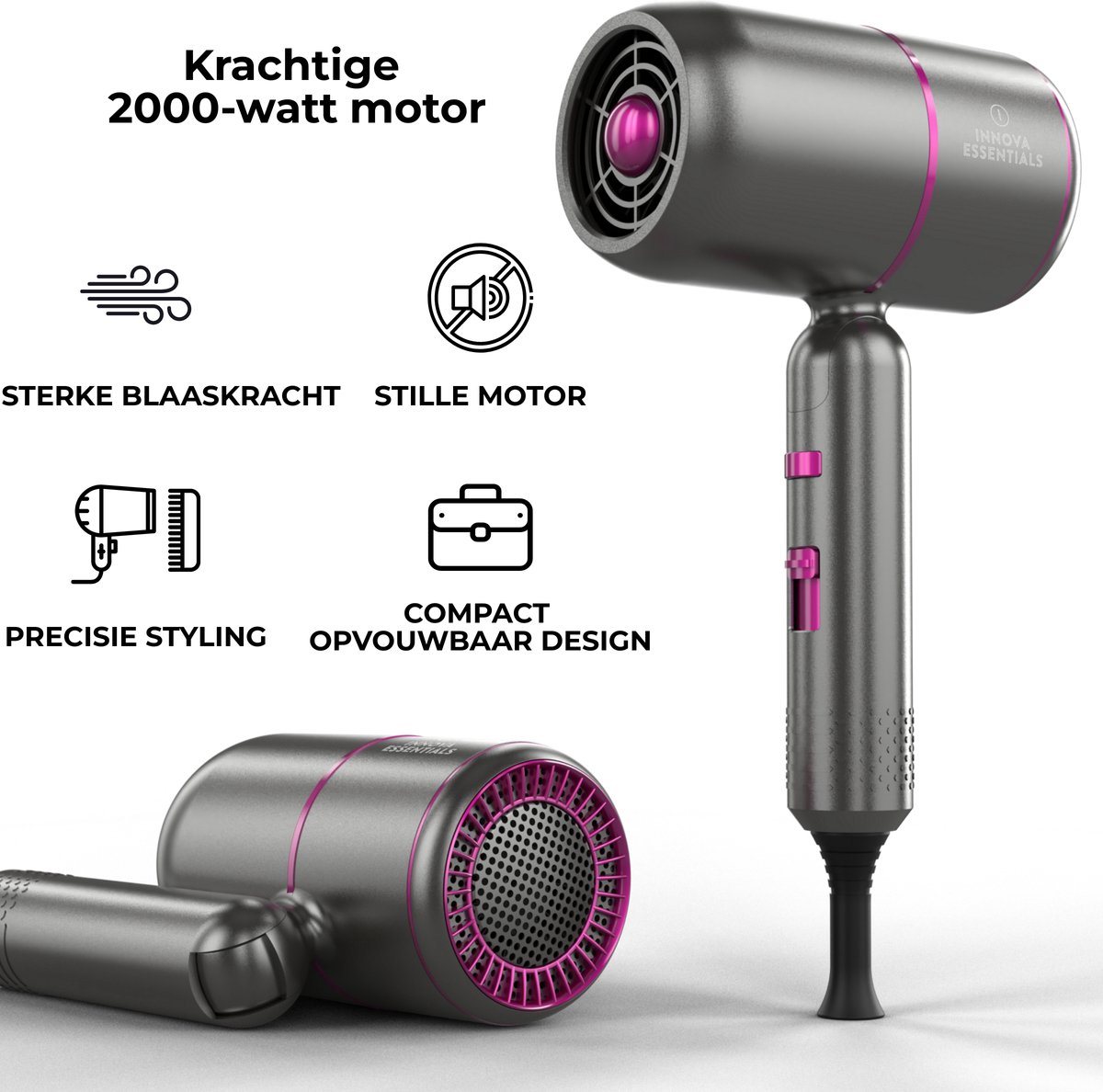 Innova® - Föhn met diffuser - Ionische Haardroger - Inklapbaar - Inclusief 3 opzetstukken - Coolshot Technologie - 3 standen - 2000W - Met Ophangbeugel thumbnail 8