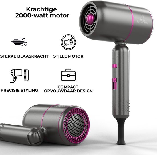 Innova Essentials haardroger met 2000W motor, sterke blaaskracht, stille motor en compact, opvouwbaar design.