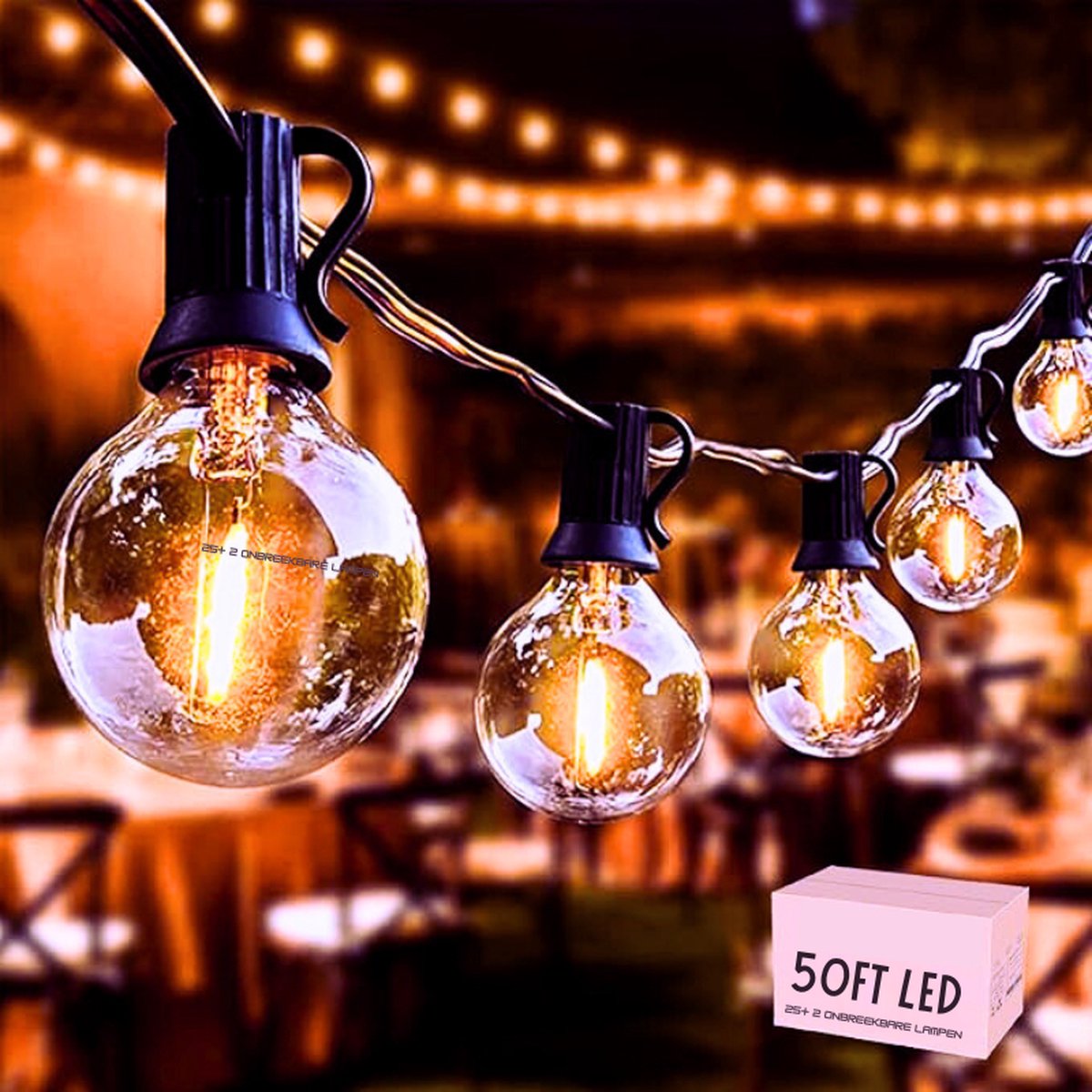 LED-Lichtketting Buiten 15m - 25+2 Warmwitte G40 Lampen - IP45 Waterdicht Voor Tuin - Terras & Feesten