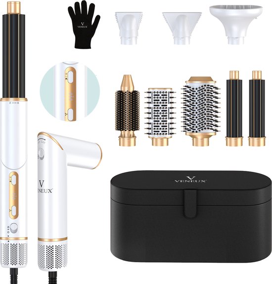 VENEUX® 8 in 1 Föhnborstel - Airstyler - Krulborstel - Multistyler - Diffuser Föhn - Wit / Goud - met Zwarte Case