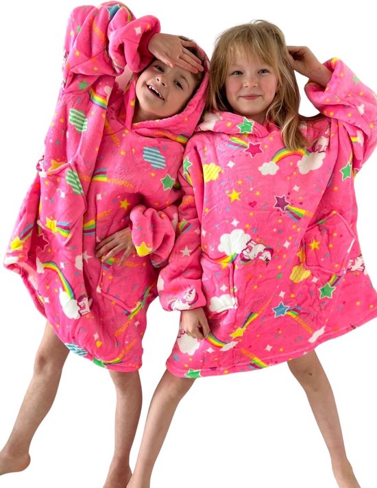 Draagbare deken met capuchon & mouwen - kind - animalprint-unicorn-134 t/m 158 (ca.8-12 jaar)