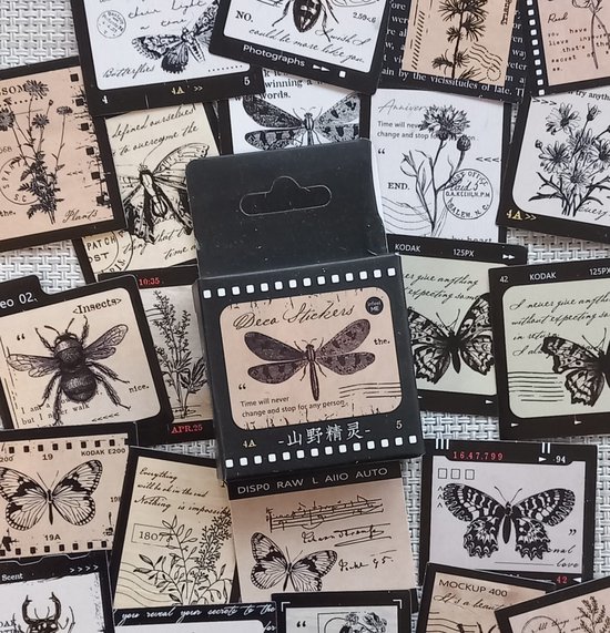 Foto: 46 nostalgische film stickers zwart met zand kleur stickers met natuur afbeeldingen en teksten b111 stickerdoosje voor scrapbook of bullet journal agenda stickers decoratie stickers