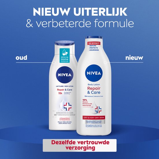 Twee NIVEA bodylotions: 'oud' links en 'nieuw' rechts, met verbeterde formule.