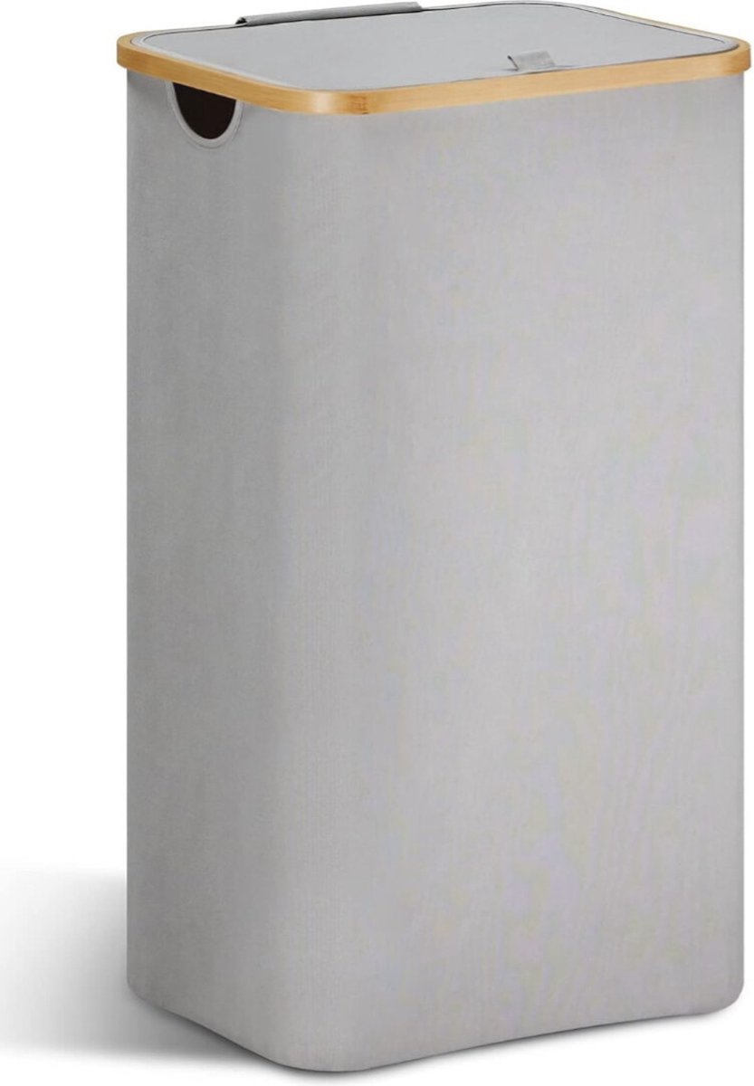 Goedkoopste wasmand met deksel-85 liter- wasverzamelaar-smal met waszak- opvouwbare wasmand hout-bamboe-grijs