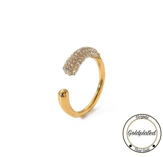 Gouden klemring bezet met zirkonia steentjes, met vermelding 'Goldplated'.