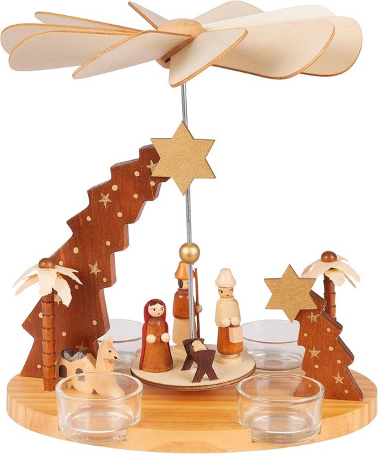 BRUBAKER Kerstpiramide van hout, ster van Betlehem, Jezus, Maria, Jozef en Herder, 22 cm grote theelichtpiramide voor Kerstmis, draaibare tafelpiramide voor 4 theelichtjes, handbeschilderd