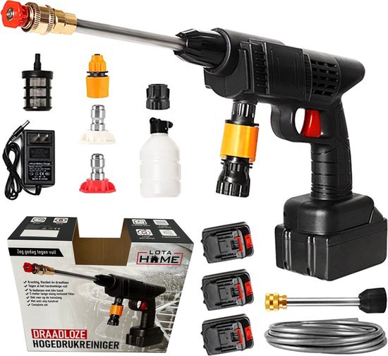 LotaHome - Draadloze Hogedrukreiniger - Inclusief 3 Accu's - Instelbare Accu Drukreiniger - Plantenspuit - Auto Schoon Spuiten - Inclusief 5 Meter Waterslang - Waterdrukreiniger - Spuitpistool - Hogedrukspuit - 30 bar & 24 V - Complete Set