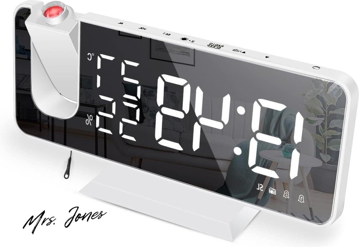 Mrs. Jones Digitale Projectiewekker met 75 inch gespiegeld LED-display - FM-radio - Snooze Dubbel Alarm - Helderheid van 4 Schermen - Automatische Dimfunctie - USB-poort (Wit) .