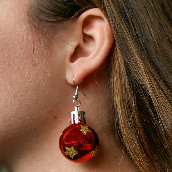 Boucles D'oreilles Vintage AVON - Boule De Noël Or Et Cristal Rouge - Fermoir Clip - Occasion
