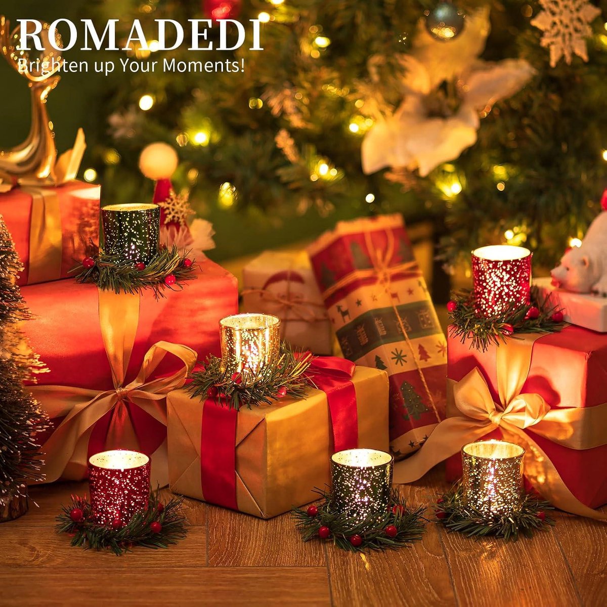 Kaarshouders voor kersttafelcenterpiece:Romadedi 6-delige glazen theelichthouders met kransring voor kerstdecoraties feest thuisdecor Votief kaarsstandaard voor kerstmantel open haard eetkamer
