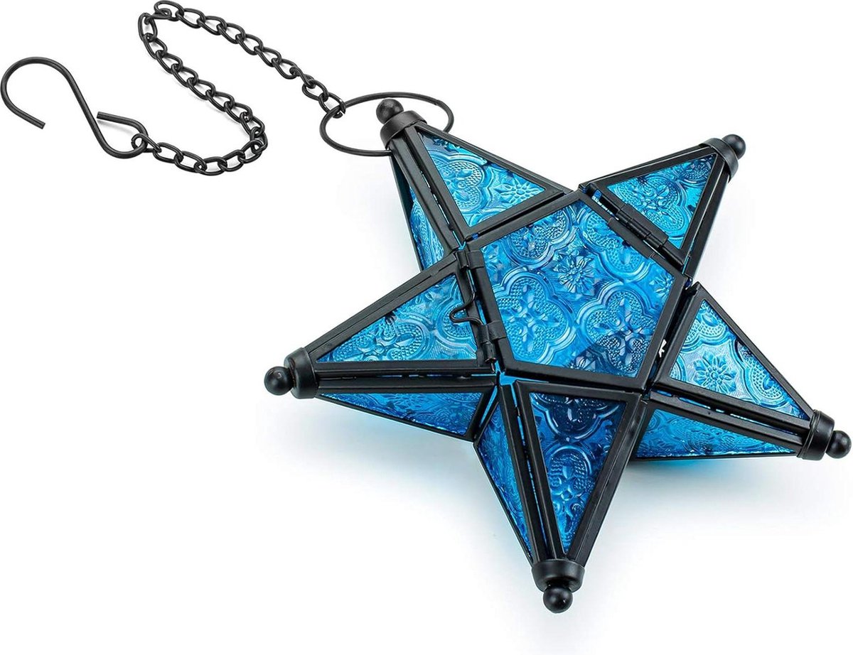 Goedkoopste Decoratieve Marokkaanse hangende lantaarn ornamenten - gebrandschilderd glas kaars - vintage blauw