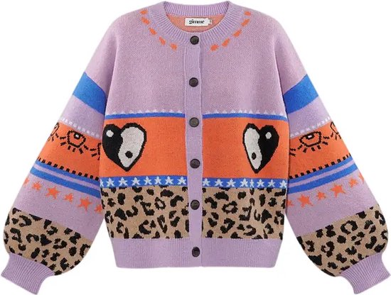 Paars vest met ronde hals, knopen, luipaardprint, hartjes, sterren en oranje/blauwe strepen.