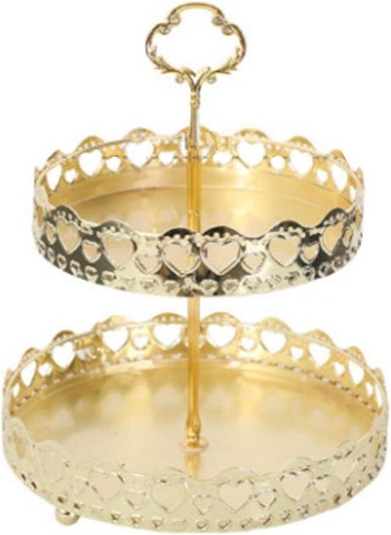 Foto: 2 tier gouden serveerlade ronde serveerschaal voor snacks noten snoep multifunctionele decoratieve dienblad voor tafeldecoratie met uitgehold love heart