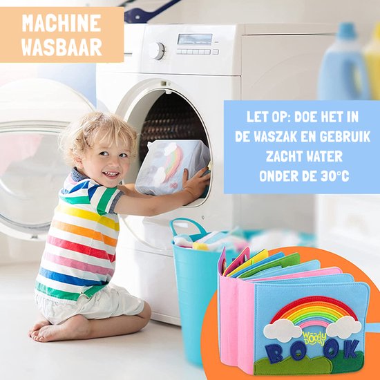Kind stopt activiteitenboek in een waszak, naast een wasmachine en wasmand.
