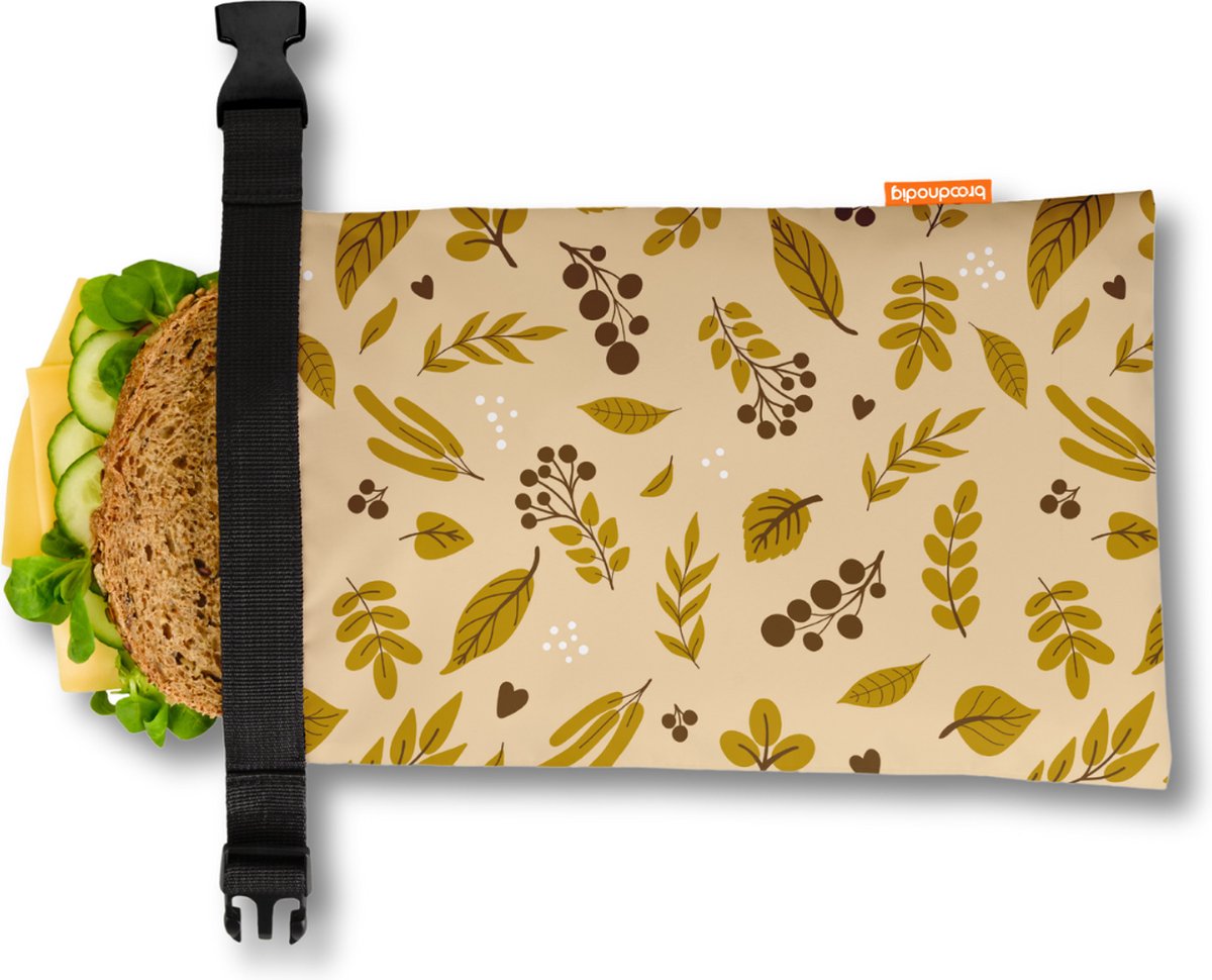 Broodnodig® - Herbruikbare Boterhamzak Premium - van 100% Gerecyclede Flessen - Ideaal als Diepvrieszakjes - Lunchzak - Herbruikbaar Boterhamzakje - Foodwrap - Lunchbox - 30x20cm - Golden Leaves