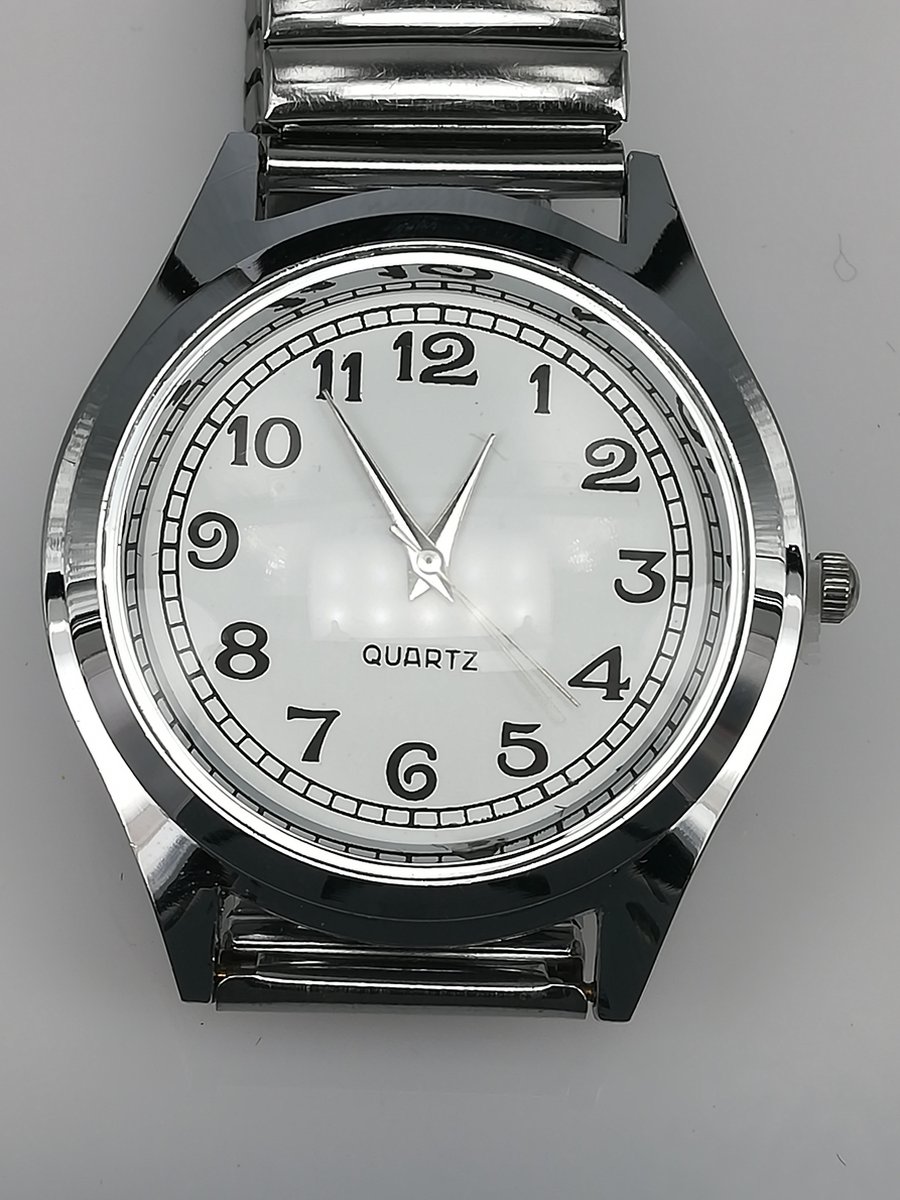Horloge - Rekband - Dames-heren - Klassiek - Ø 37mm - L 19 cm - Zilverkleurig - Witte duidelijke wijzerplaat - past bijna elke pols.