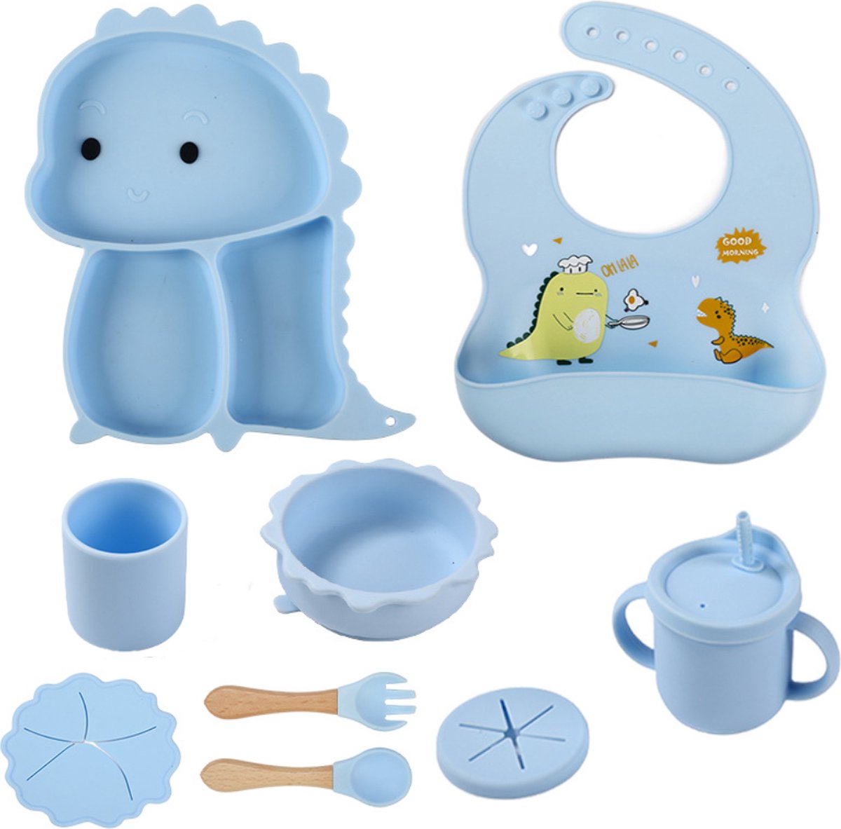 Goedkoopste Premium 9-delig Dinosaurus Kinderservies Set Blauw - Kinderbestek, Bord, Beker, Kraamcadeau & Baby Cadeau - Schattige Dinosaurus Design