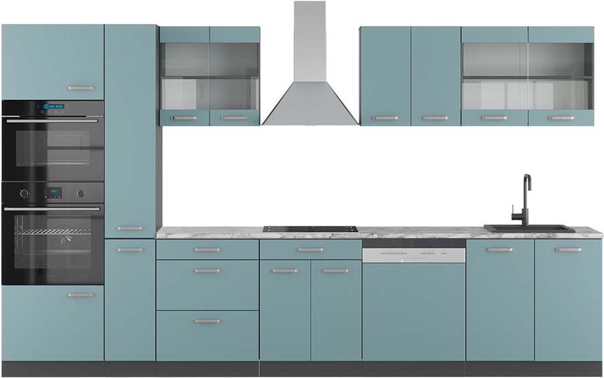 Vicco R-Line Complete keukeneenheid – 350 cm met hoge kast, WB Marmer Blauw-grijs/antraciet