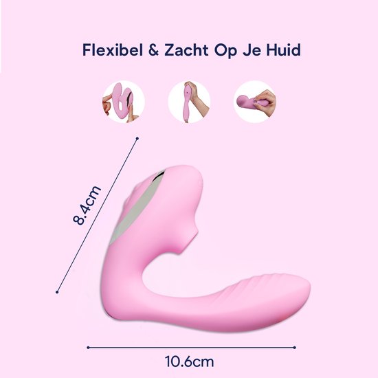Roze gebogen vibrator, 8.4cm hoog en 10.6cm lang. Drie cirkelvormige afbeeldingen van de vibrator in gebruik.