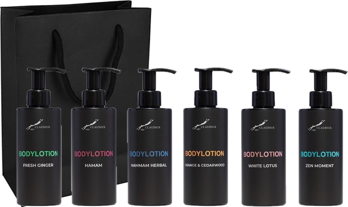 Goedkoopste Bodylotion Set - Fresh Ginger Hamam Hammam Herbal Sweet Orange & Cedarwood White Lotus en Zen Moment - bodycare - met luxe gift tas - set van 6 stuks - Cadeau - giftset voor hem en haar