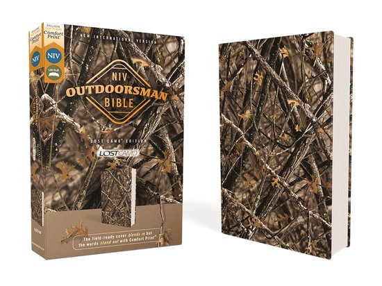 NIV Outdoorsman Bijbel Lost Camo editie met een camouflagepatroon van takken en bladeren. Met Comfort Print technologie.