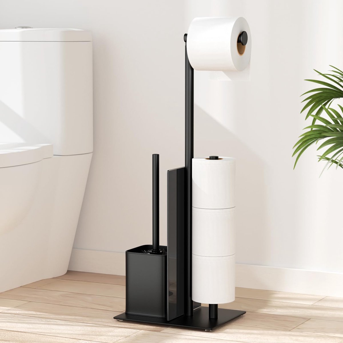 La'Moussawi ® Stijlvolle Vrijstaande Toiletpapierhouder met Borstel en Glazen Plank voor Badkamerelegantie