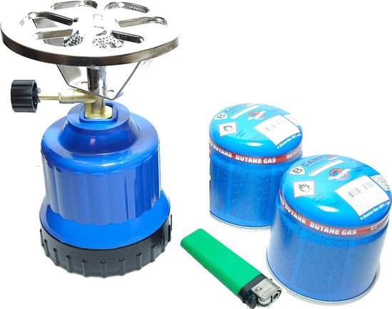Camping kookstel gasbrander 1 pits blauw incl 2 gas navullingen 190gr & aansteker