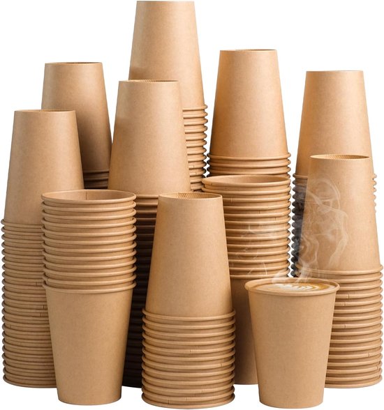 Tasse à café en carton 8 oz 240 ml marron + couvercles noirs - 100 pièces - Gobelets en papier jetables en karton - Gobelets à boire - Respectueux de l'environnement